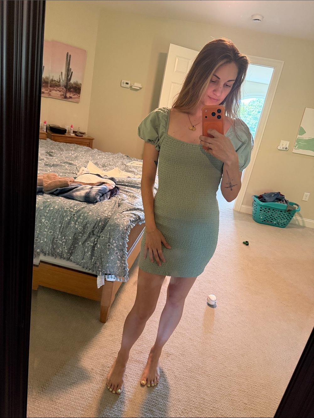 Smocked Sage/Mint Mini Dress with Puff Sleeves